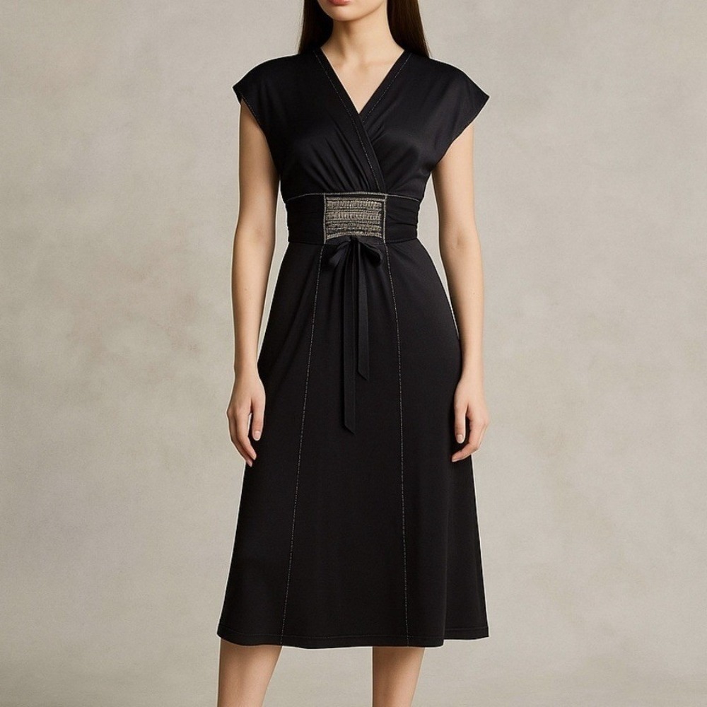 Y2K Black Satin Midi Dress with Beaded Waist, Size Small | Wedding guest Evening